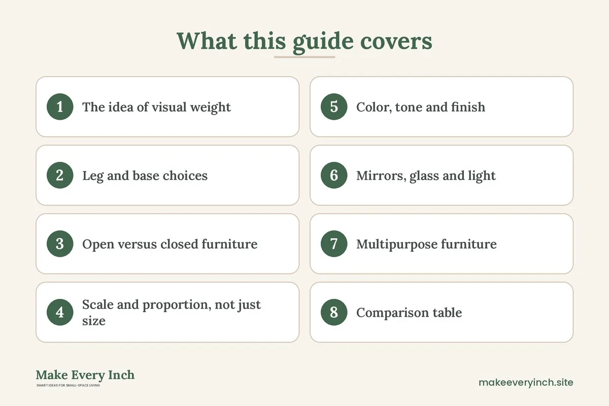 Graphic listing 8 topics covered in: Furniture That Makes Small Rooms Feel Bigger
