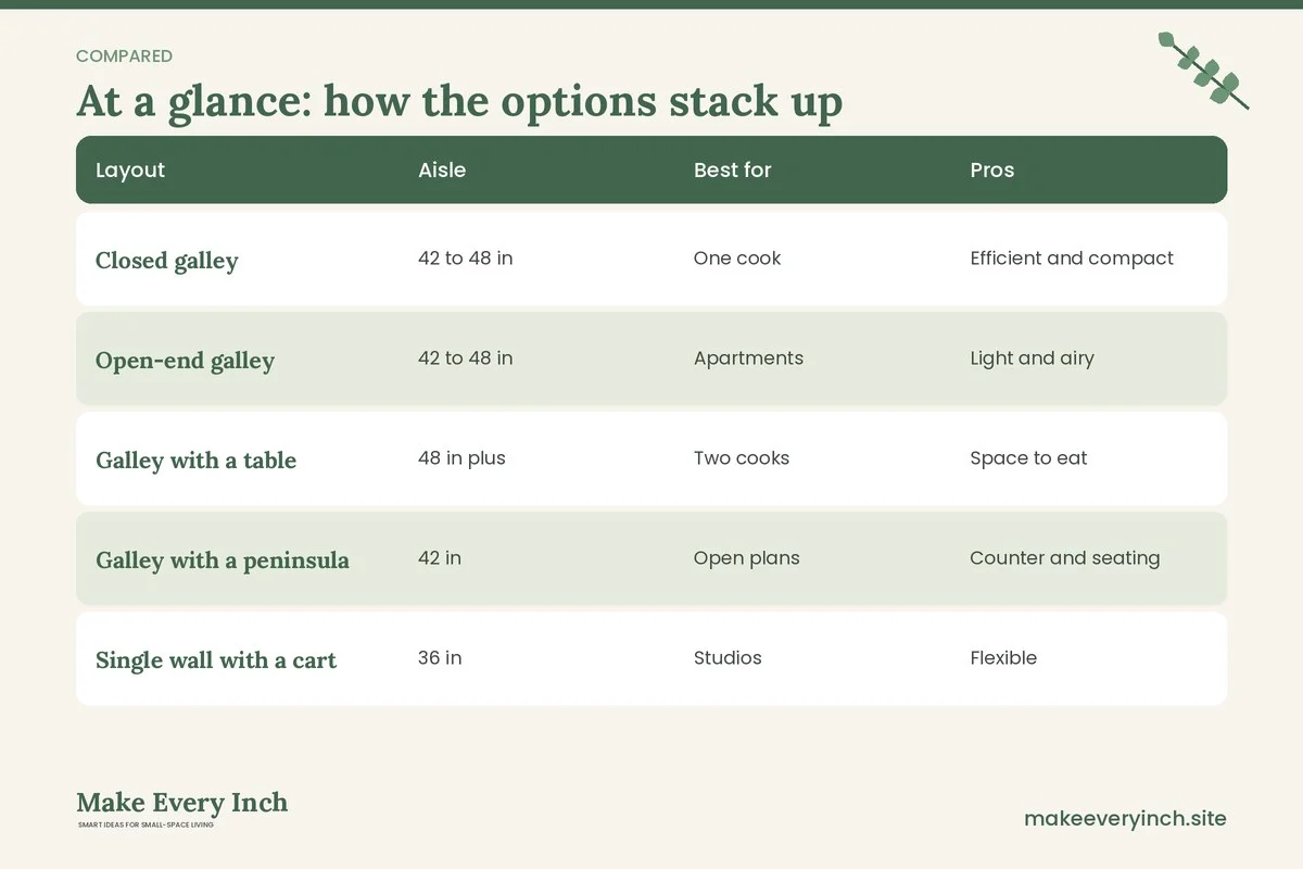 Comparison table of options for: 21 Galley Kitchen Ideas to Make a Narrow Kitchen Work (Layout, Aisle, Best for, Pros)