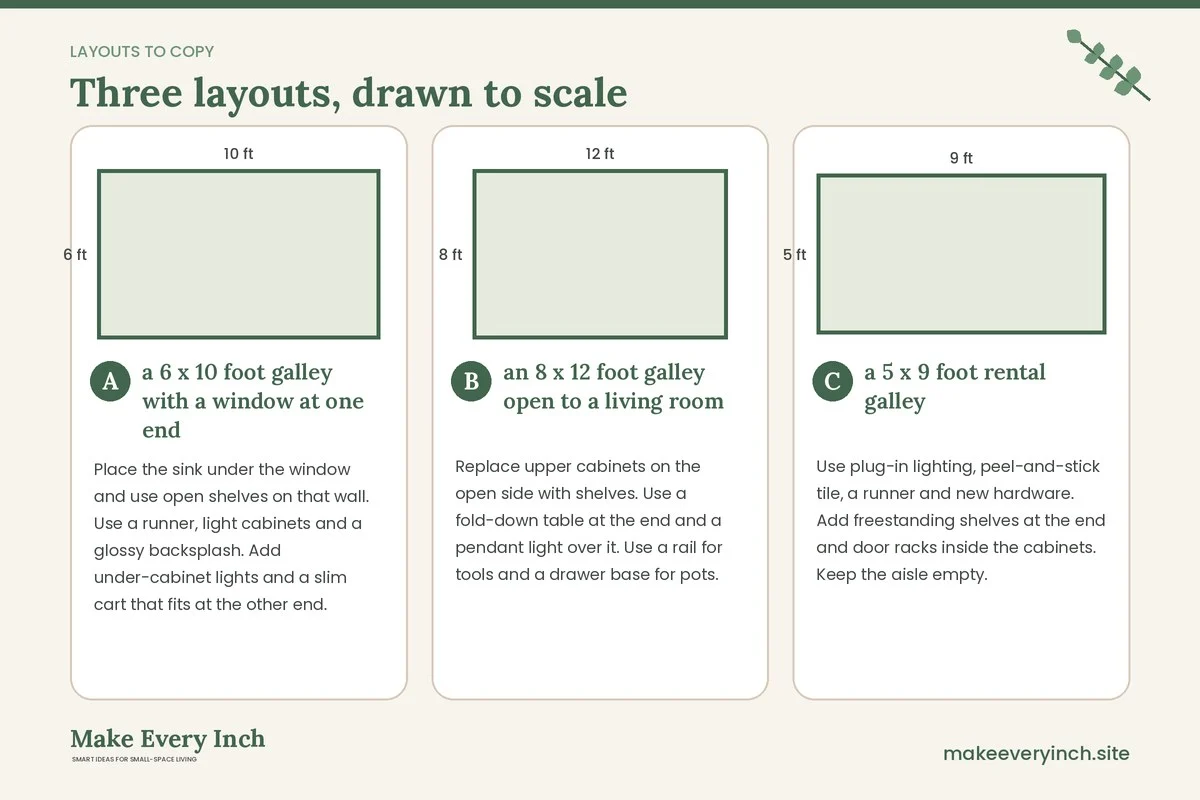 Three room layouts drawn to scale with dimensions and placement notes for: 21 Galley Kitchen Ideas to Make a Narrow Kitchen Work