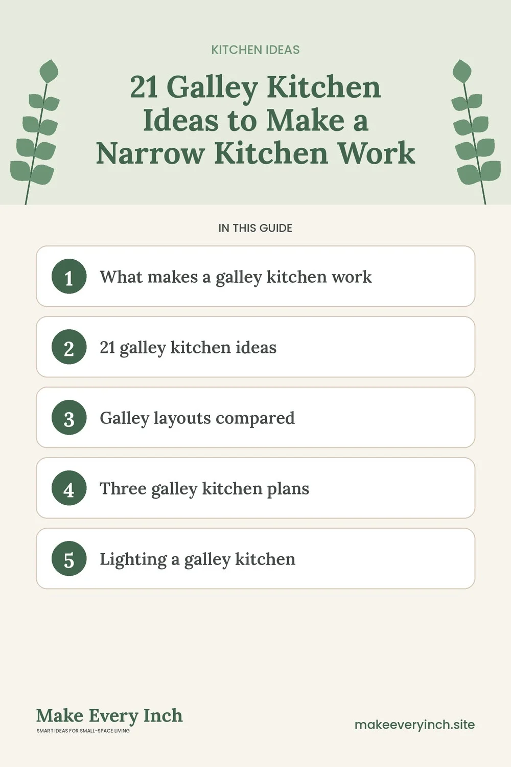 Pinterest pin listing the main topics in: 21 Galley Kitchen Ideas to Make a Narrow Kitchen Work