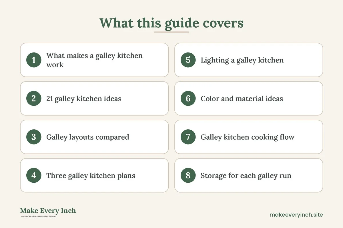 Graphic listing 8 topics covered in: 21 Galley Kitchen Ideas to Make a Narrow Kitchen Work