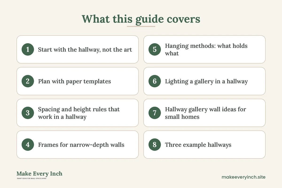 Graphic listing 8 topics covered in: Hallway Gallery Wall Ideas for Small Homes
