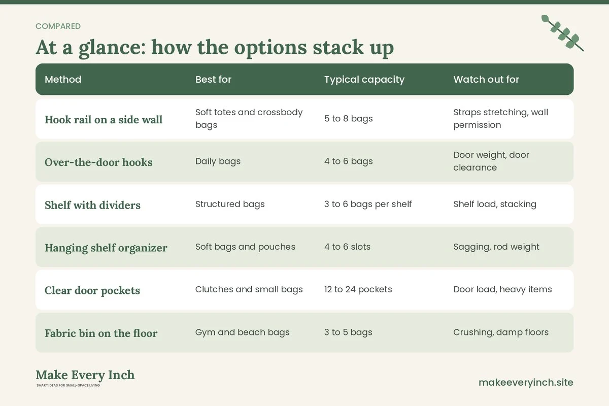 Comparison table of options for: Handbag Storage Ideas for Small Closets (Method, Best for, Typical capacity, Watch out for)