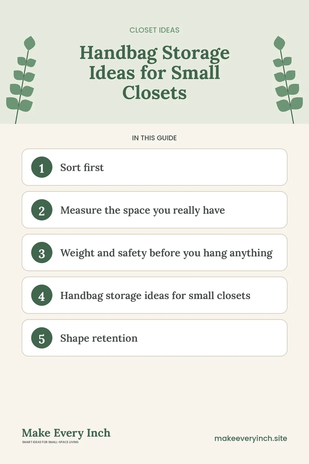 Pinterest pin listing the main topics in: Handbag Storage Ideas for Small Closets