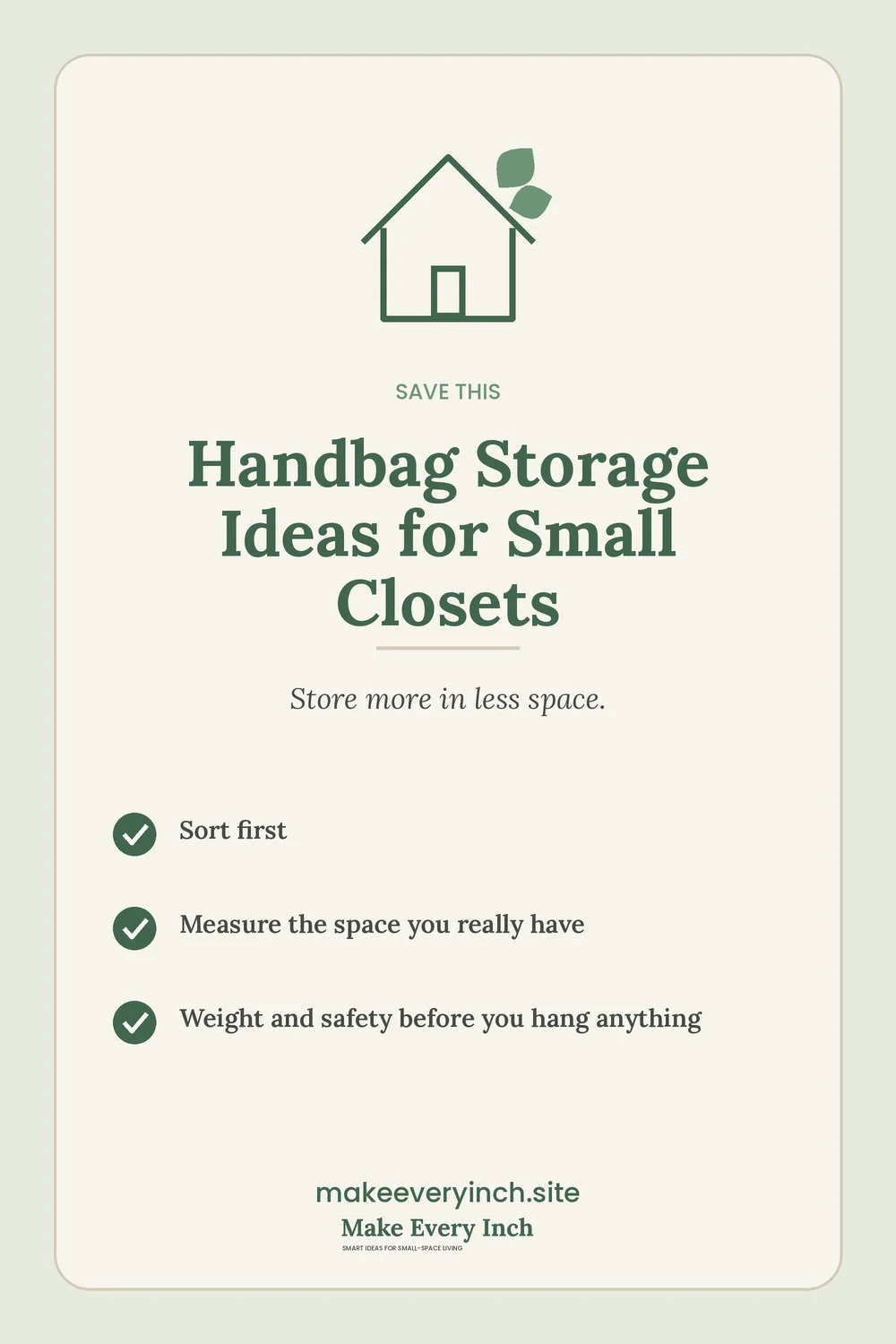 Save-this Pinterest pin with a short checklist for: Handbag Storage Ideas for Small Closets