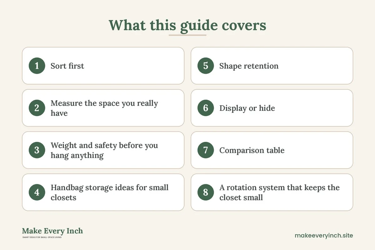 Graphic listing 8 topics covered in: Handbag Storage Ideas for Small Closets