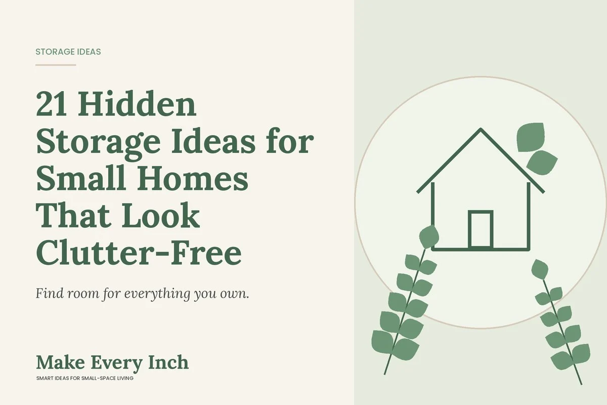 21 Hidden Storage Ideas for Small Homes That Look Clutter-Free, Make Every Inch cover with a house and leaf illustration