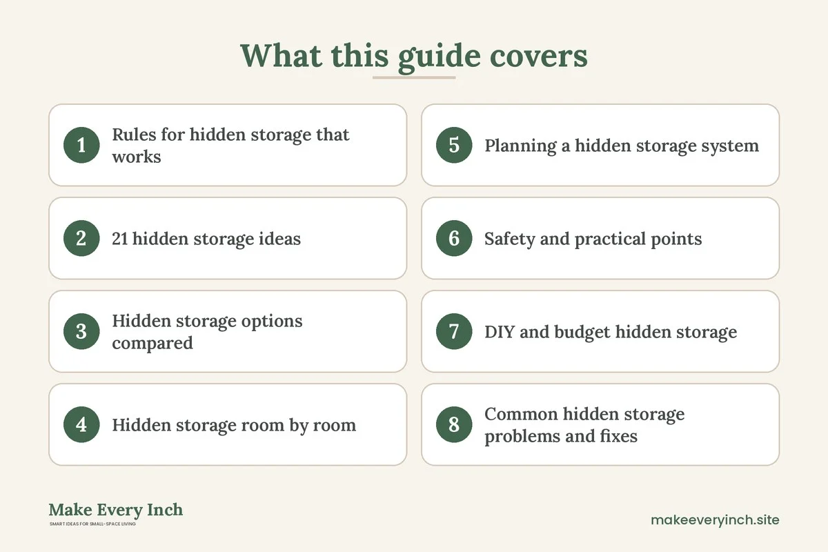 Graphic listing 8 topics covered in: 21 Hidden Storage Ideas for Small Homes That Look Clutter-Free