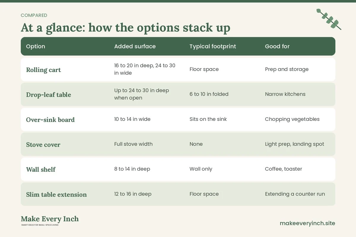 Comparison table of options for: How to Add Counter Space to a Small Kitchen (Option, Added surface, Typical footprint, Good for)