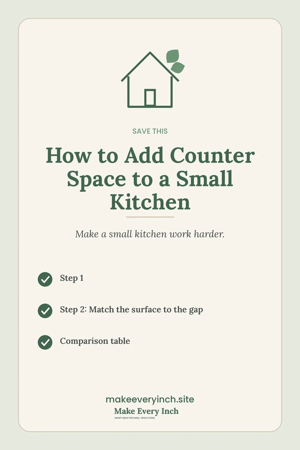 Save-this Pinterest pin with a short checklist for: How to Add Counter Space to a Small Kitchen
