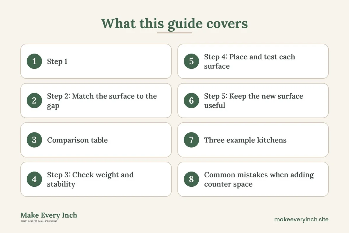 Graphic listing 8 topics covered in: How to Add Counter Space to a Small Kitchen