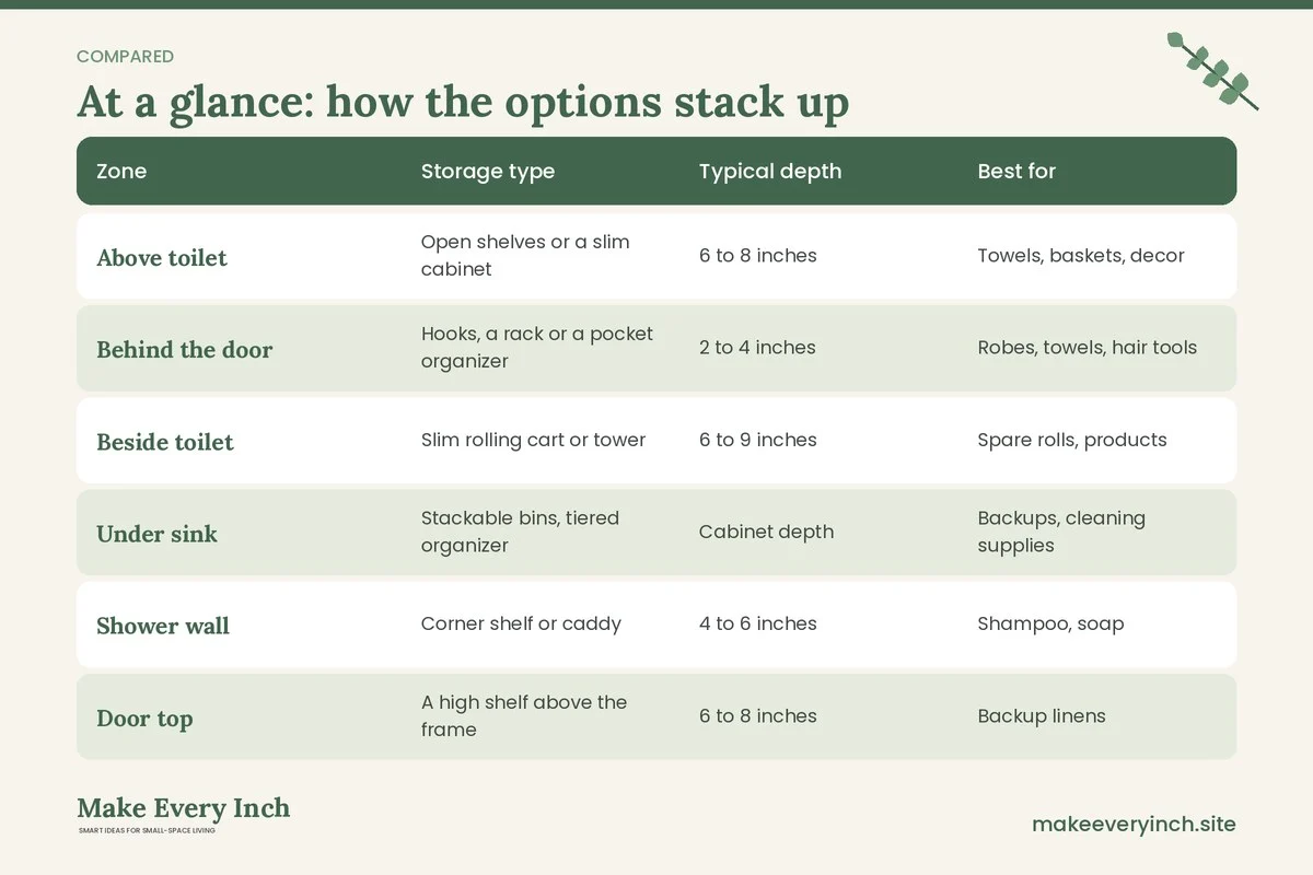 Comparison table of options for: How to Add Storage to a Small Bathroom, Step by Step (Zone, Storage type, Typical depth, Best for)