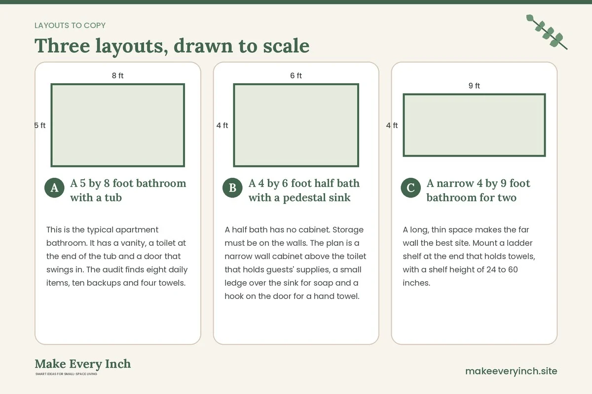 Three room layouts drawn to scale with dimensions and placement notes for: How to Add Storage to a Small Bathroom, Step by Step