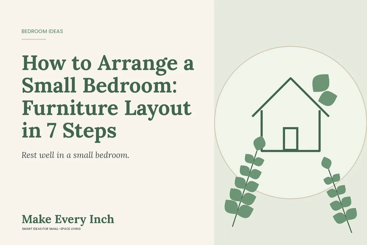How to Arrange a Small Bedroom: Furniture Layout in 7 Steps, Make Every Inch cover with a house and leaf illustration