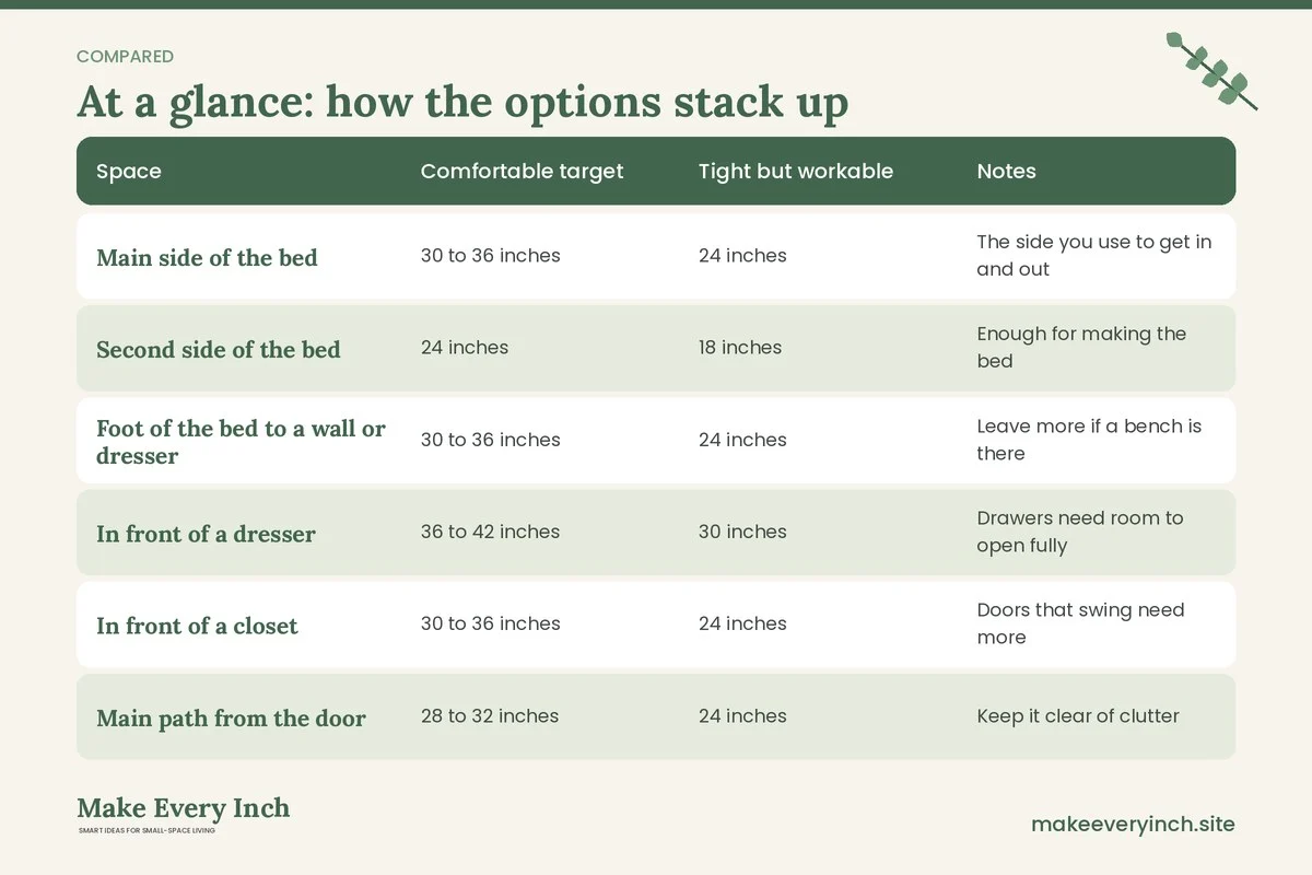 Comparison table of options for: How to Arrange a Small Bedroom (Space, Comfortable target, Tight but workable, Notes)