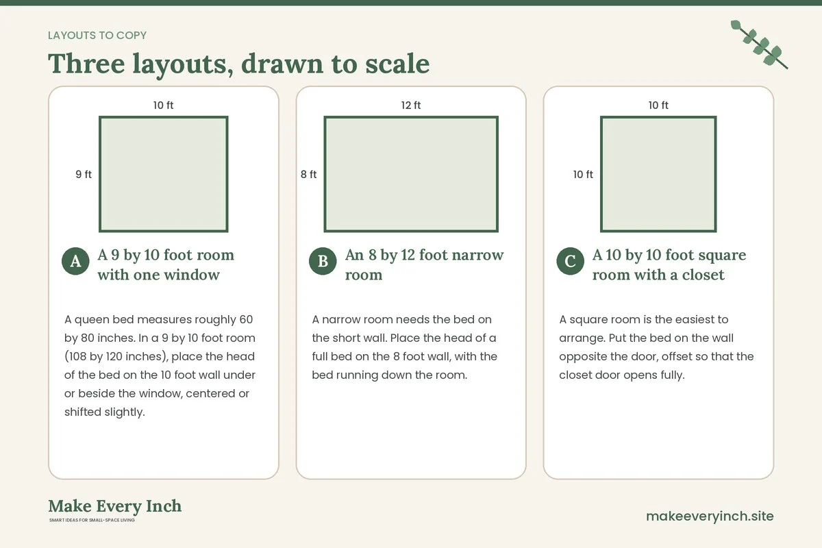 Three room layouts drawn to scale with dimensions and placement notes for: How to Arrange a Small Bedroom