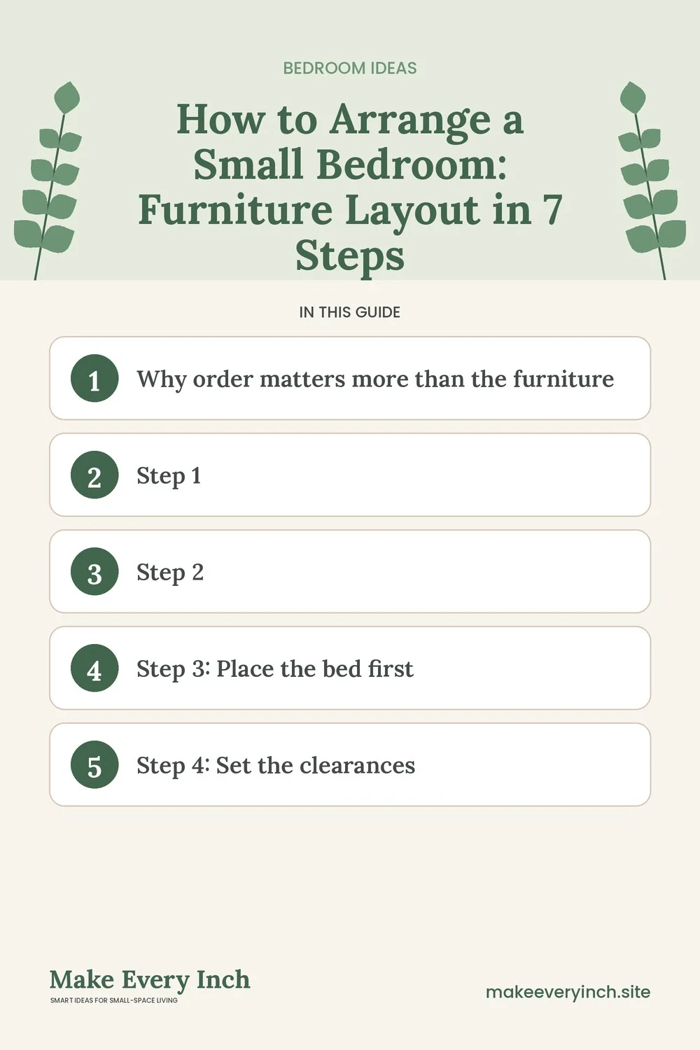 Pinterest pin listing the main topics in: How to Arrange a Small Bedroom