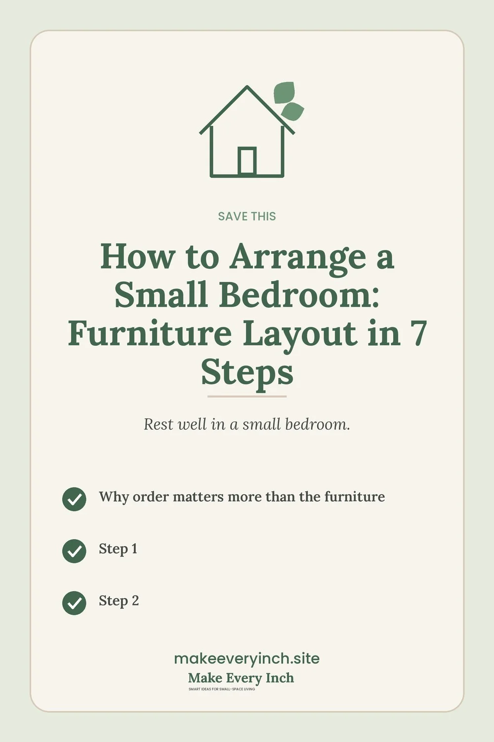 Save-this Pinterest pin with a short checklist for: How to Arrange a Small Bedroom