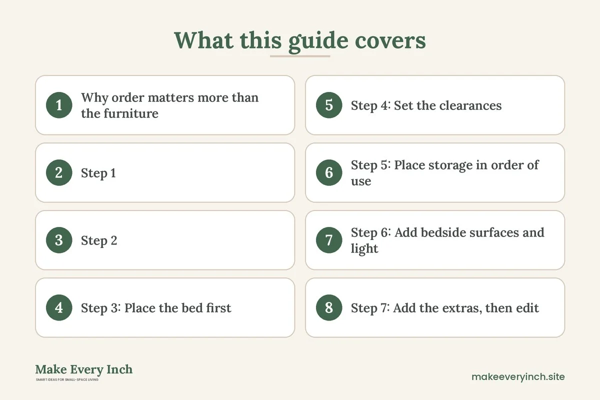 Graphic listing 8 topics covered in: How to Arrange a Small Bedroom