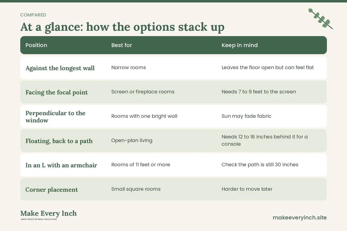 Comparison table of options for: How to Arrange Furniture in a Small Living Room (Position, Best for, Keep in mind)