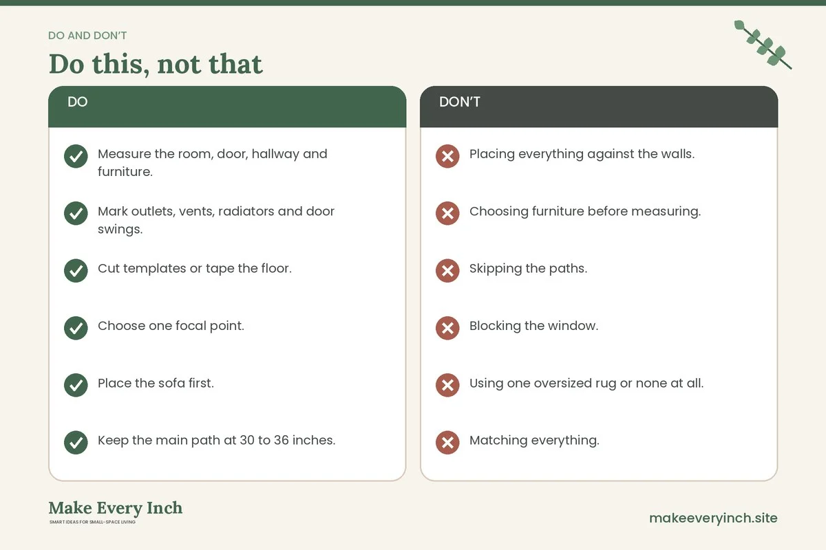 Do and don't checklist for: How to Arrange Furniture in a Small Living Room