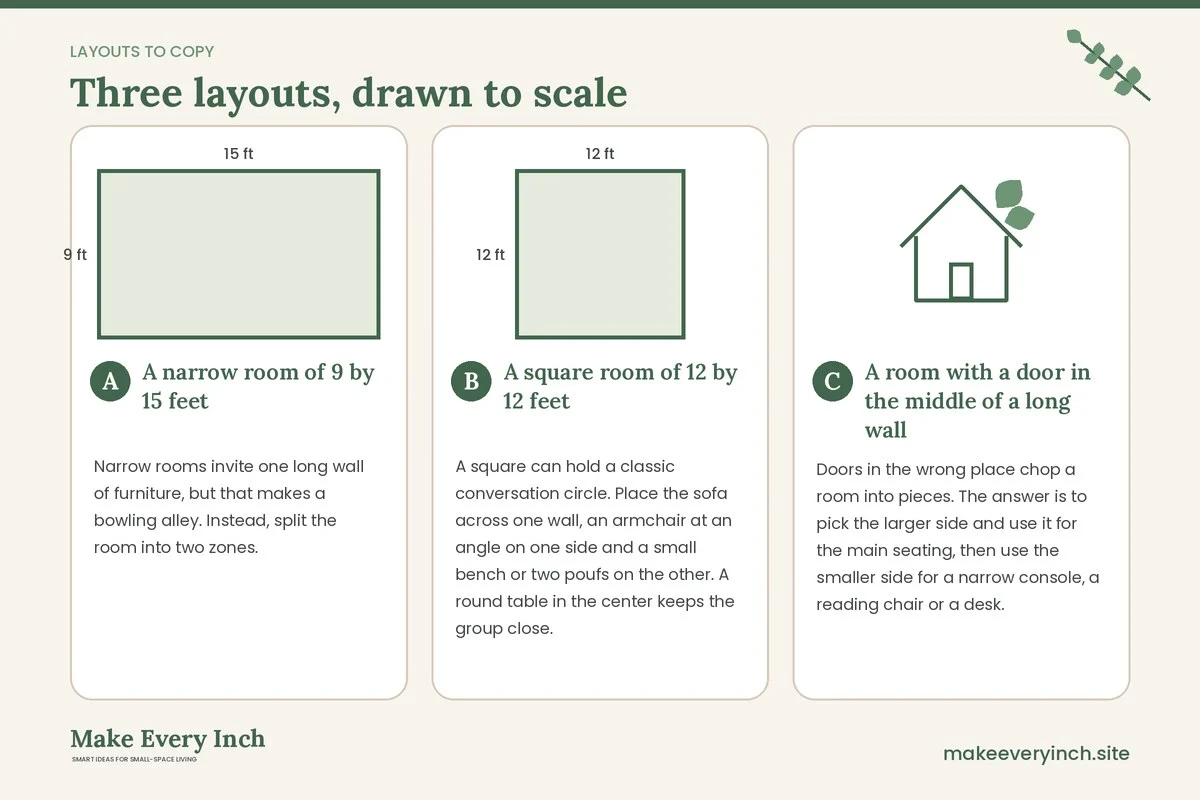 Three room layouts drawn to scale with dimensions and placement notes for: How to Arrange Furniture in a Small Living Room