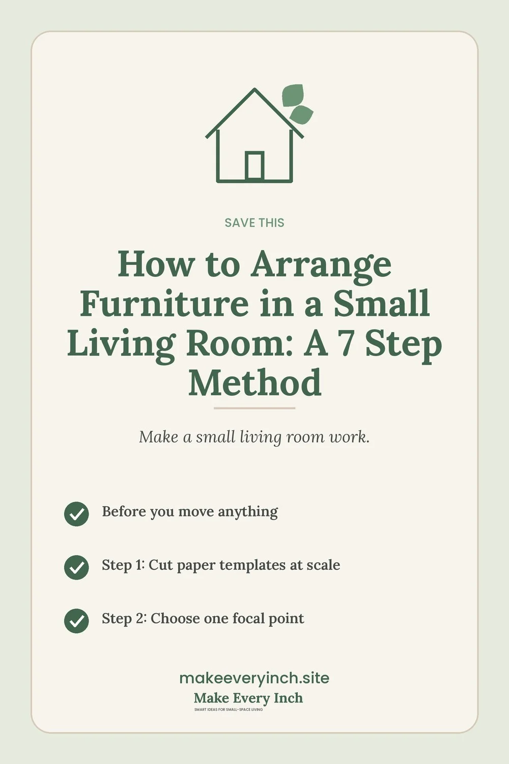 Save-this Pinterest pin with a short checklist for: How to Arrange Furniture in a Small Living Room