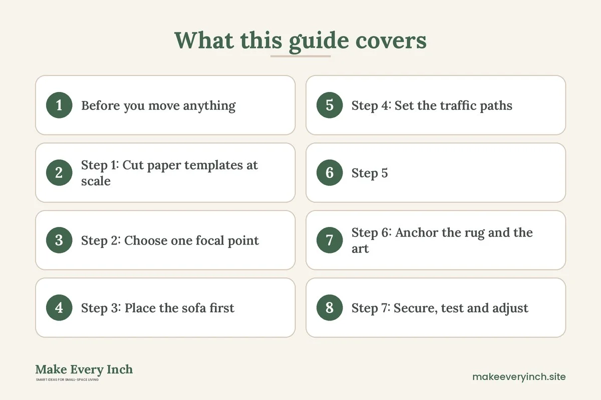 Graphic listing 8 topics covered in: How to Arrange Furniture in a Small Living Room