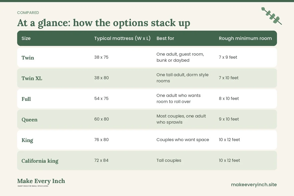 Comparison table of options for: How to Choose a Bed for a Small Bedroom (Size, Typical mattress (W x L), Best for, Rough minimum room)