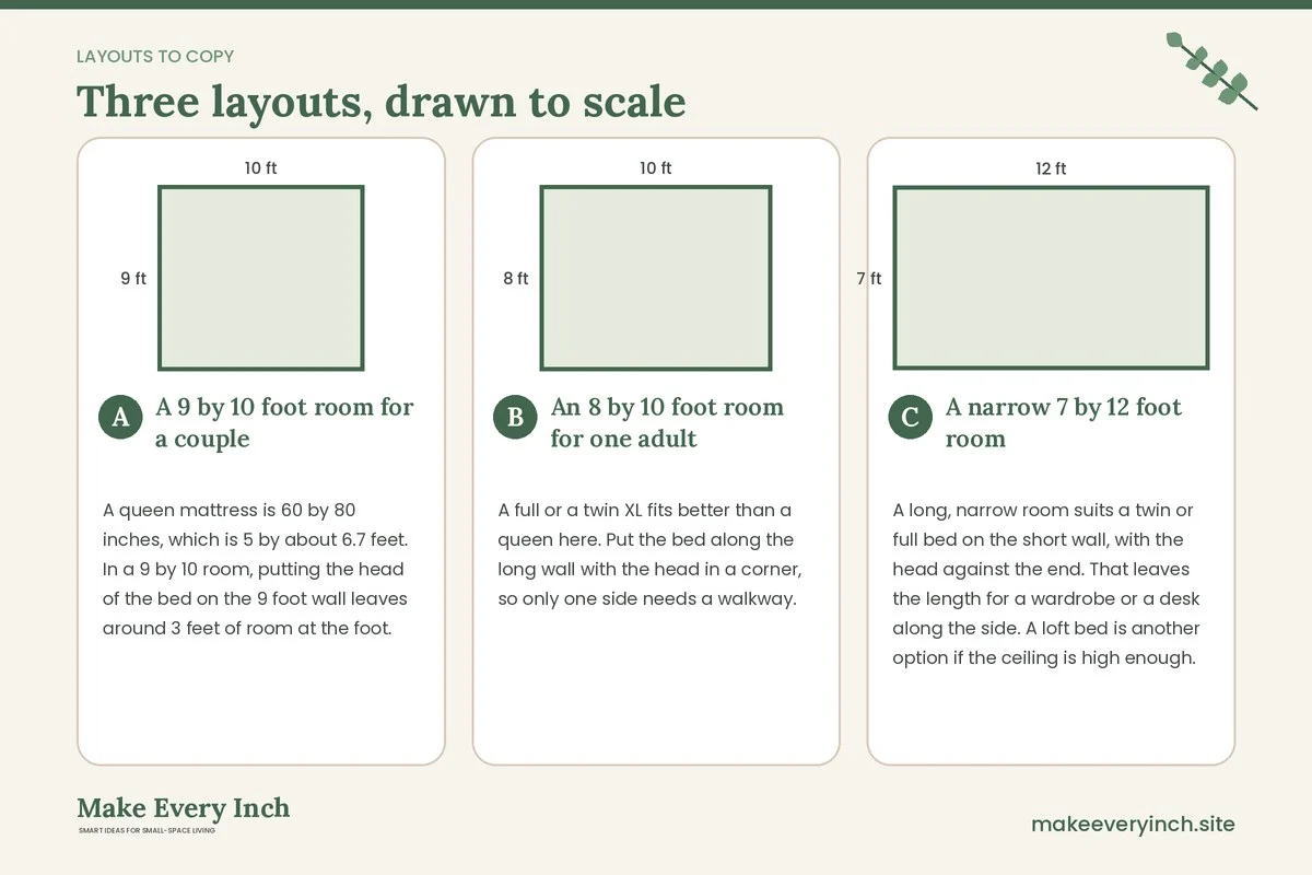 Three room layouts drawn to scale with dimensions and placement notes for: How to Choose a Bed for a Small Bedroom
