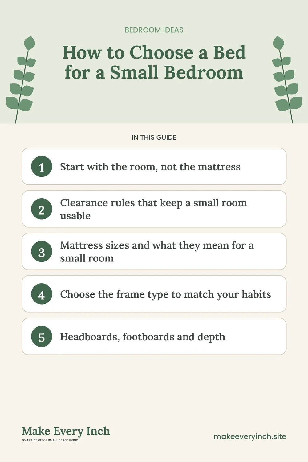 Pinterest pin listing the main topics in: How to Choose a Bed for a Small Bedroom