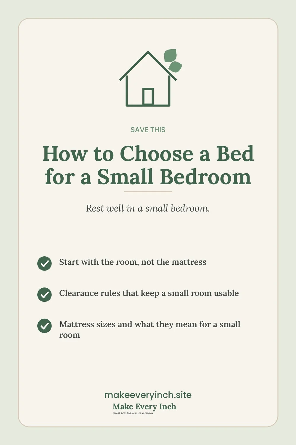 Save-this Pinterest pin with a short checklist for: How to Choose a Bed for a Small Bedroom