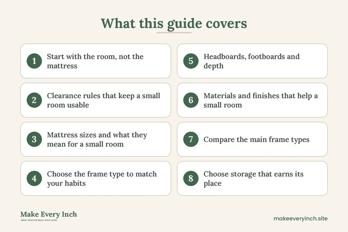 Graphic listing 8 topics covered in: How to Choose a Bed for a Small Bedroom