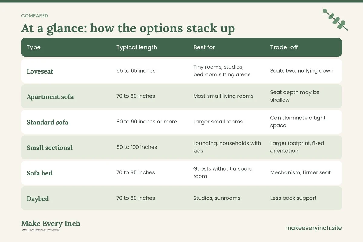 Comparison table of options for: How to Choose a Sofa for a Small Living Room (Type, Typical length, Best for, Trade-off)