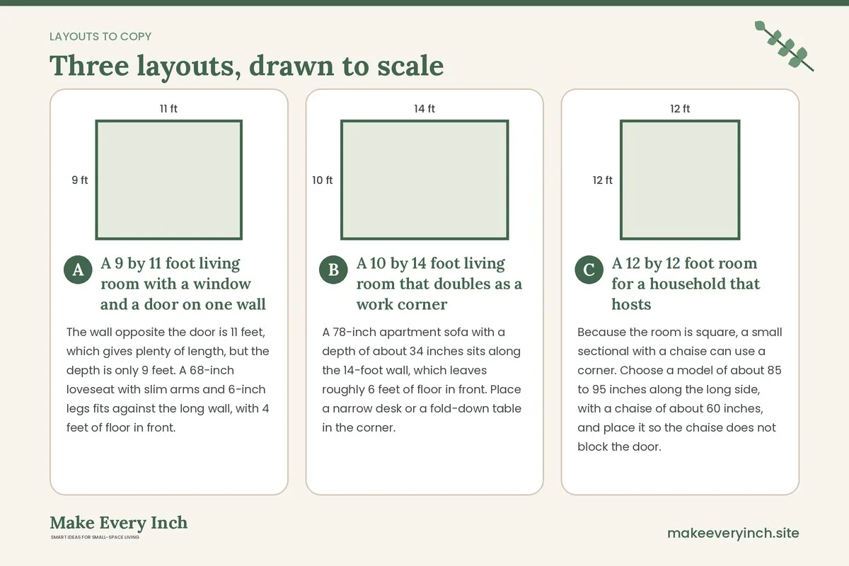 Three room layouts drawn to scale with dimensions and placement notes for: How to Choose a Sofa for a Small Living Room