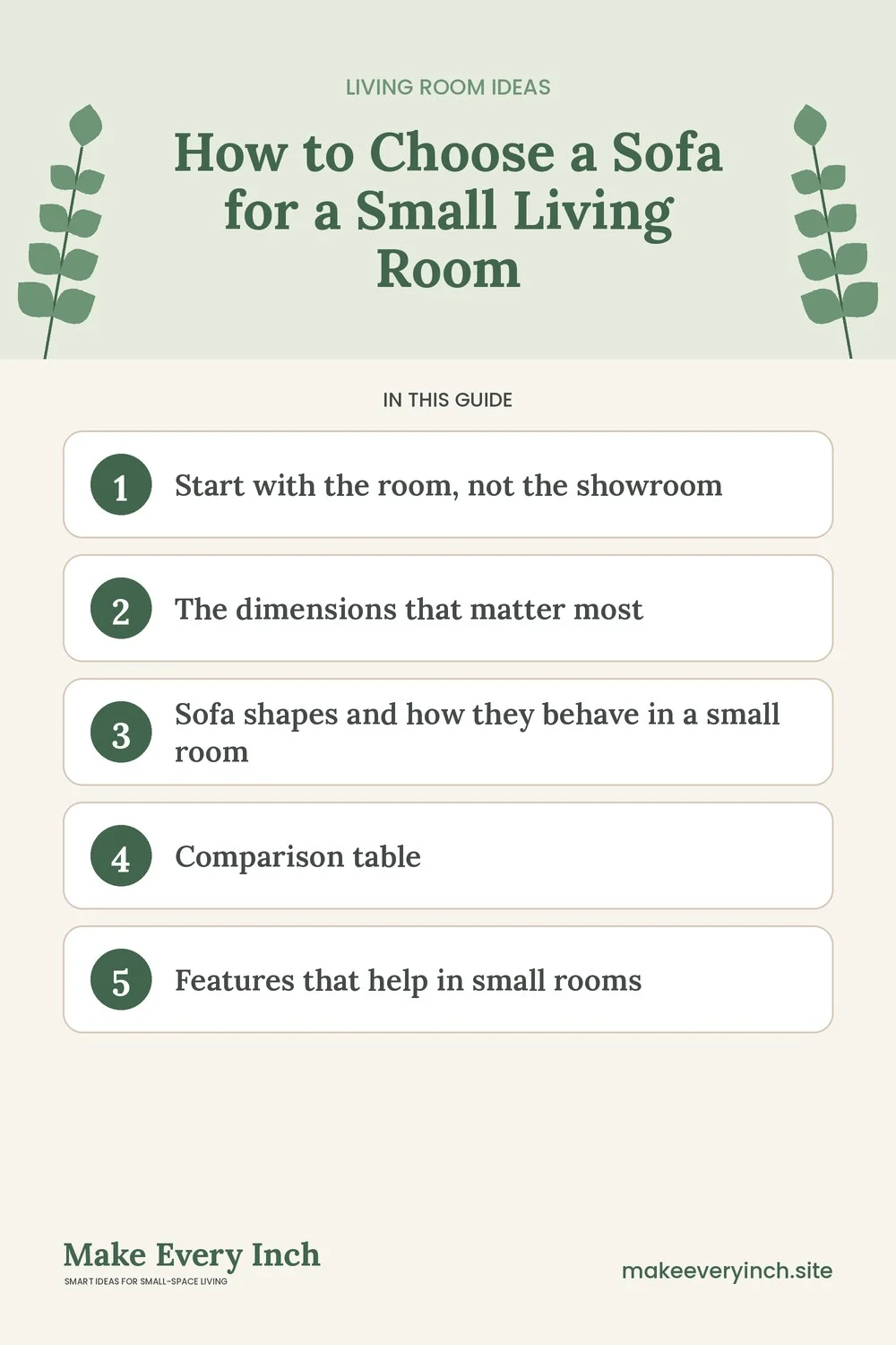Pinterest pin listing the main topics in: How to Choose a Sofa for a Small Living Room