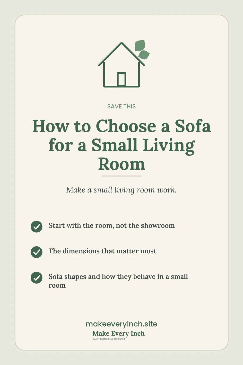 Save-this Pinterest pin with a short checklist for: How to Choose a Sofa for a Small Living Room