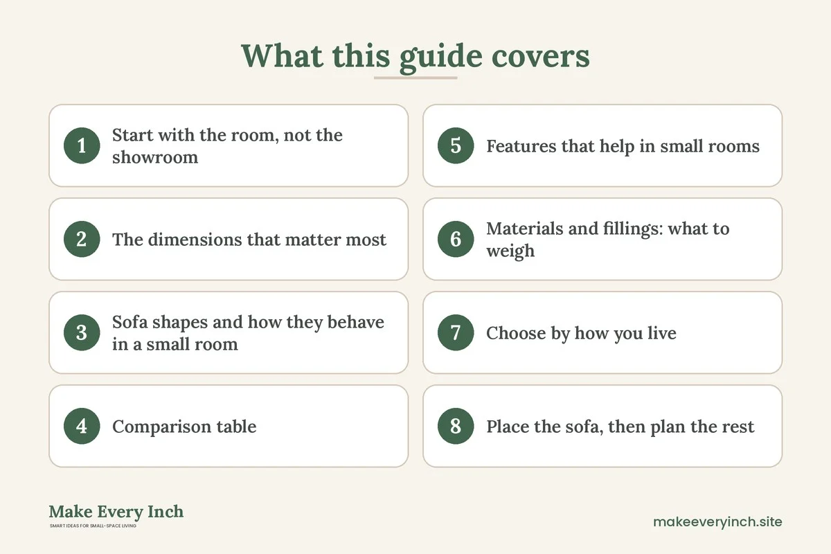 Graphic listing 8 topics covered in: How to Choose a Sofa for a Small Living Room