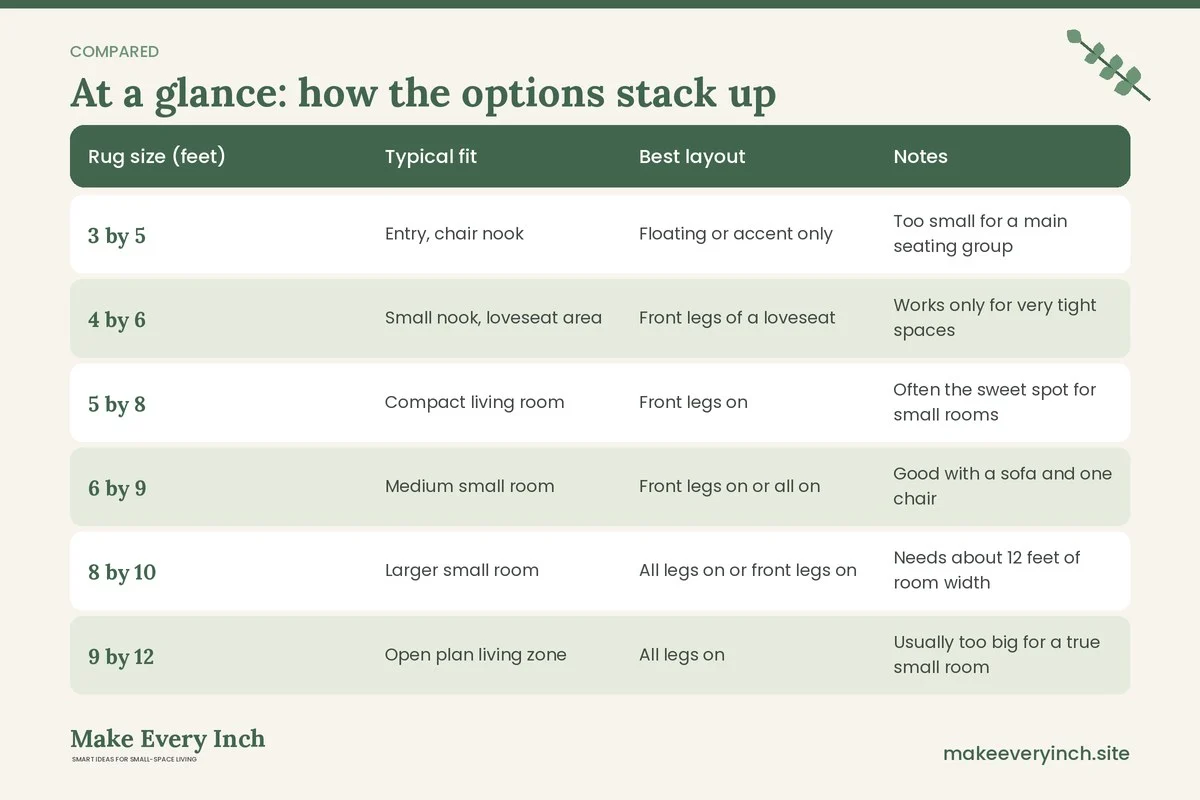 Comparison table of options for: Small Living Room Rug Size (Rug size (feet), Typical fit, Best layout, Notes)