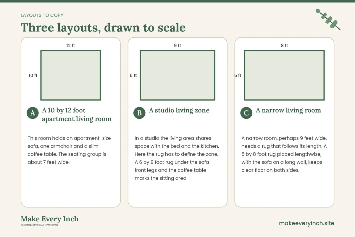 Three room layouts drawn to scale with dimensions and placement notes for: Small Living Room Rug Size