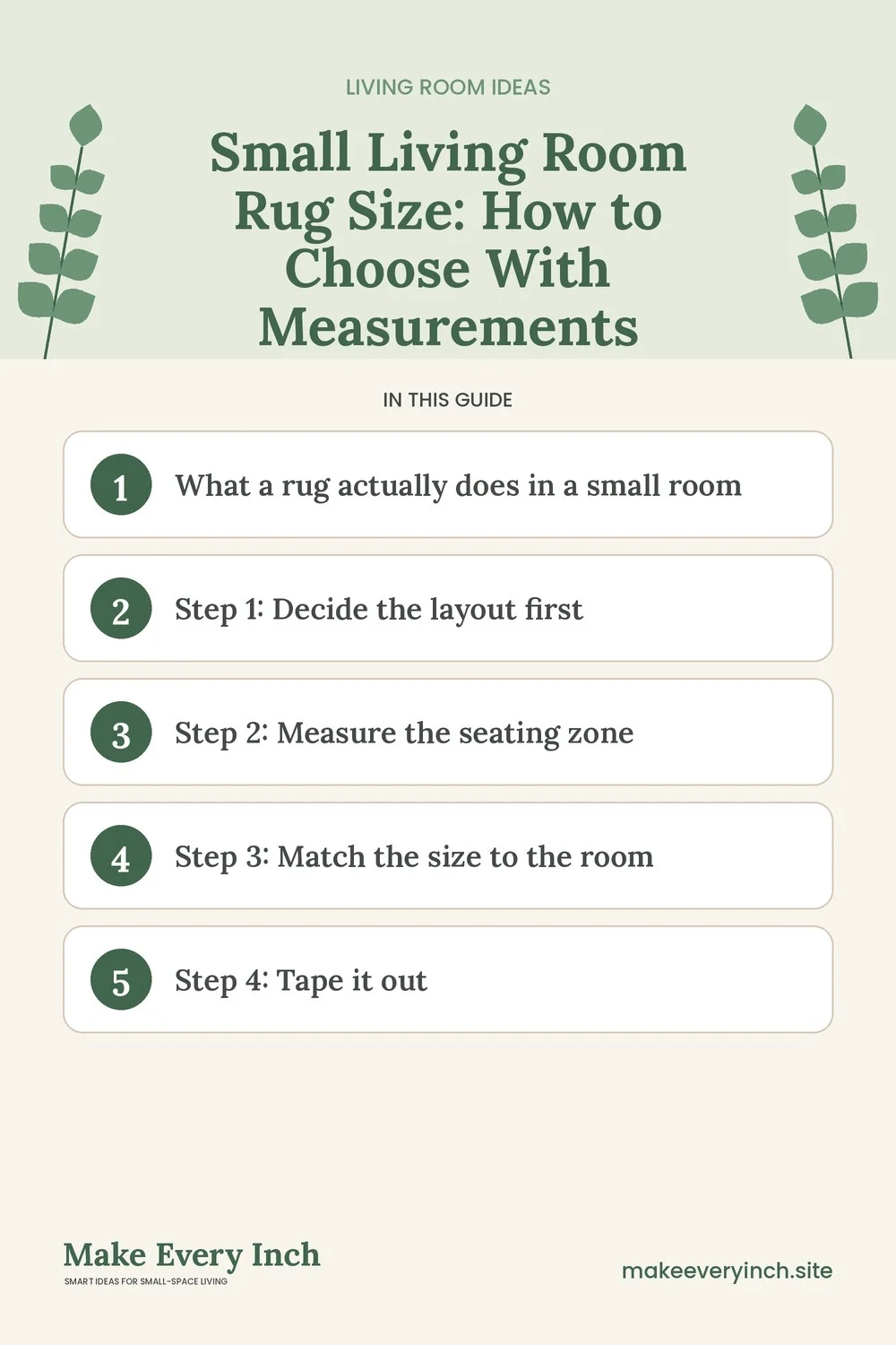 Pinterest pin listing the main topics in: Small Living Room Rug Size