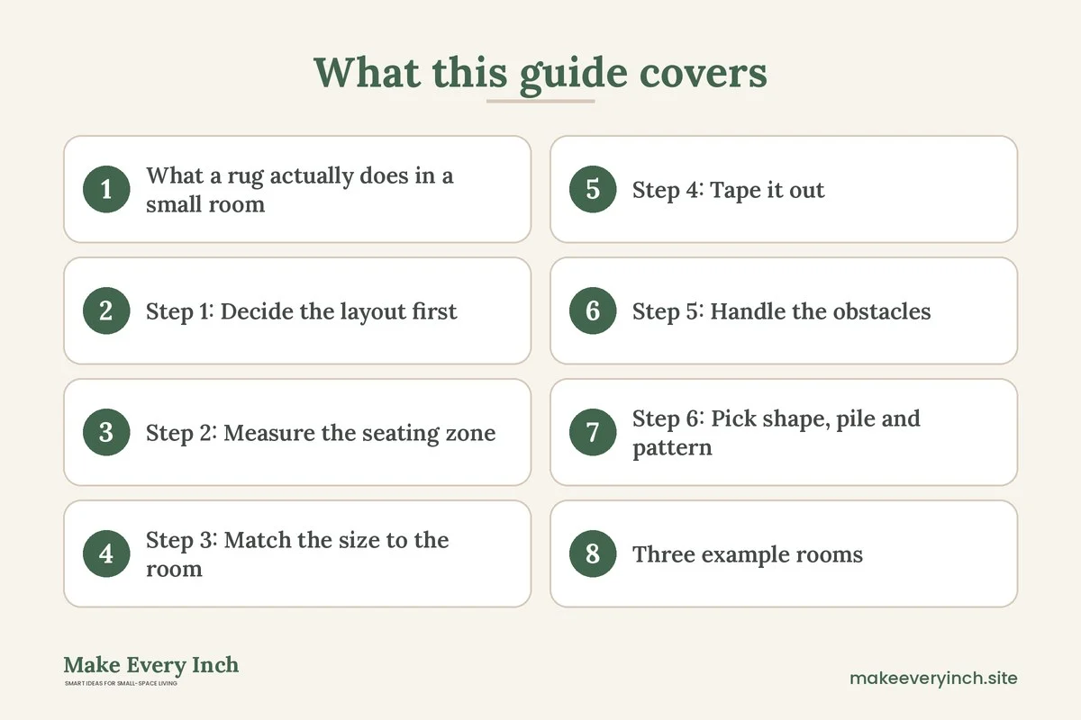 Graphic listing 8 topics covered in: Small Living Room Rug Size