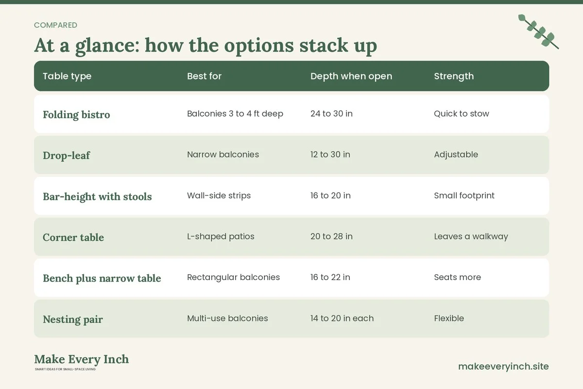 Comparison table of options for: How to Create a Tiny Outdoor Dining Area on a Balcony (Table type, Best for, Depth when open, Strength)