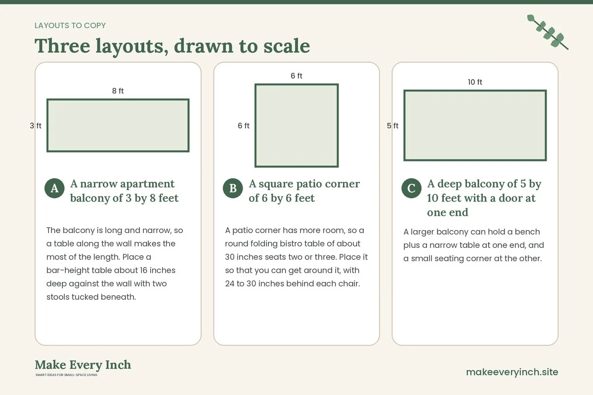 Three room layouts drawn to scale with dimensions and placement notes for: How to Create a Tiny Outdoor Dining Area on a Balcony
