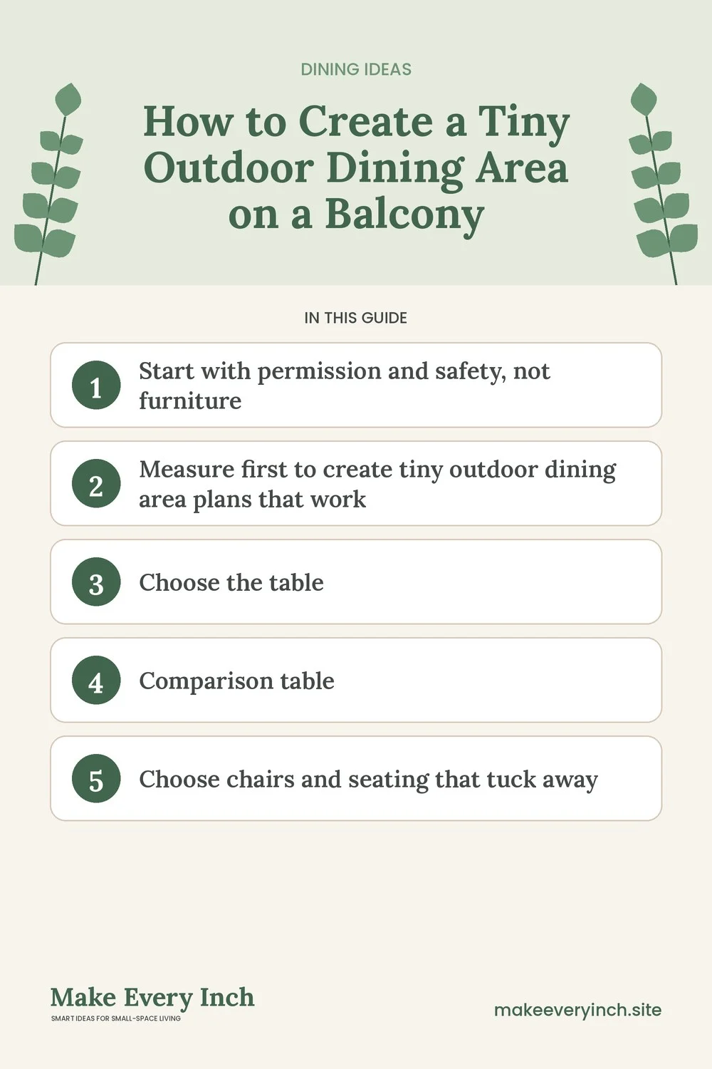 Pinterest pin listing the main topics in: How to Create a Tiny Outdoor Dining Area on a Balcony