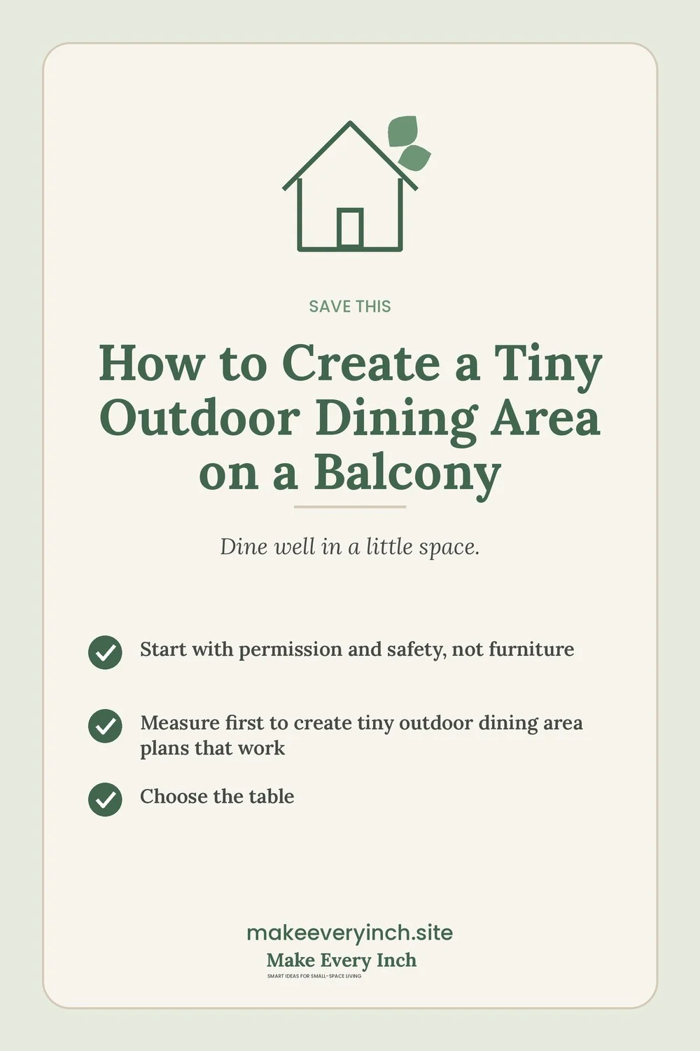 Save-this Pinterest pin with a short checklist for: How to Create a Tiny Outdoor Dining Area on a Balcony