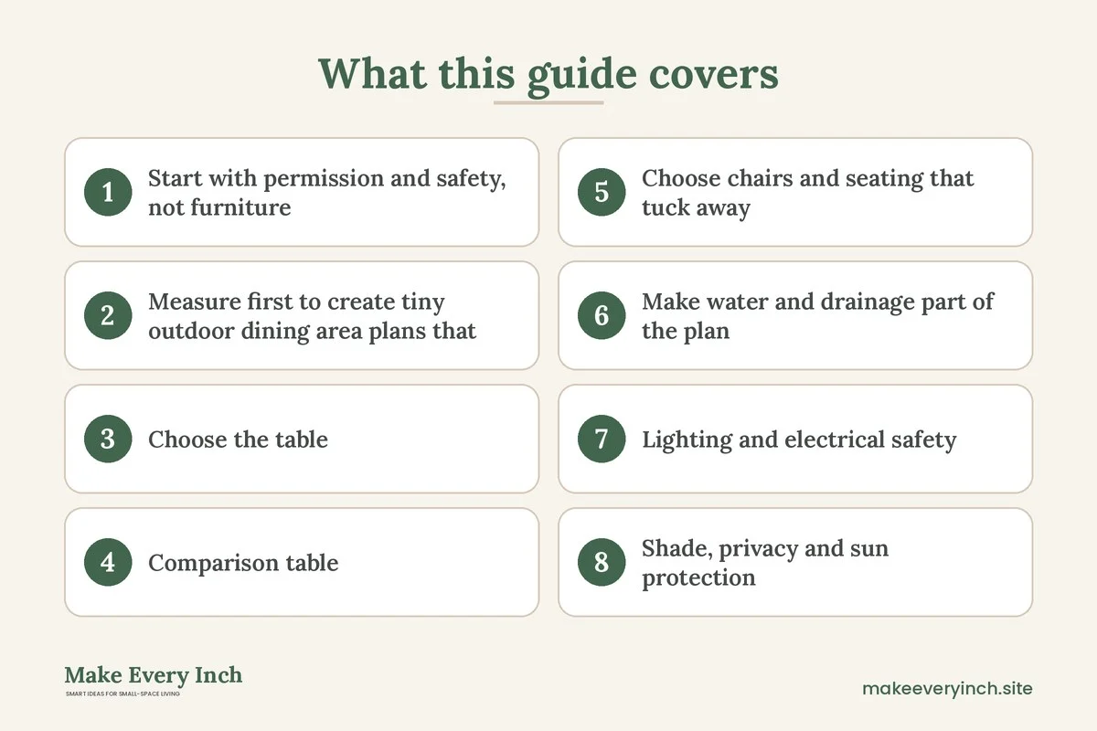 Graphic listing 8 topics covered in: How to Create a Tiny Outdoor Dining Area on a Balcony