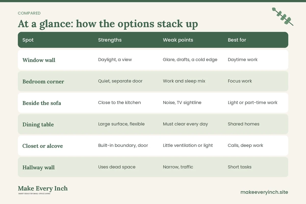 Comparison table of options for: How to Create a Work Zone in a Small Apartment (Spot, Strengths, Weak points, Best for)