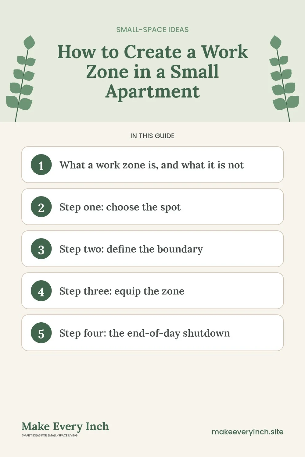 Pinterest pin listing the main topics in: How to Create a Work Zone in a Small Apartment