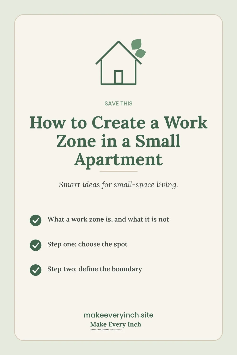 Save-this Pinterest pin with a short checklist for: How to Create a Work Zone in a Small Apartment